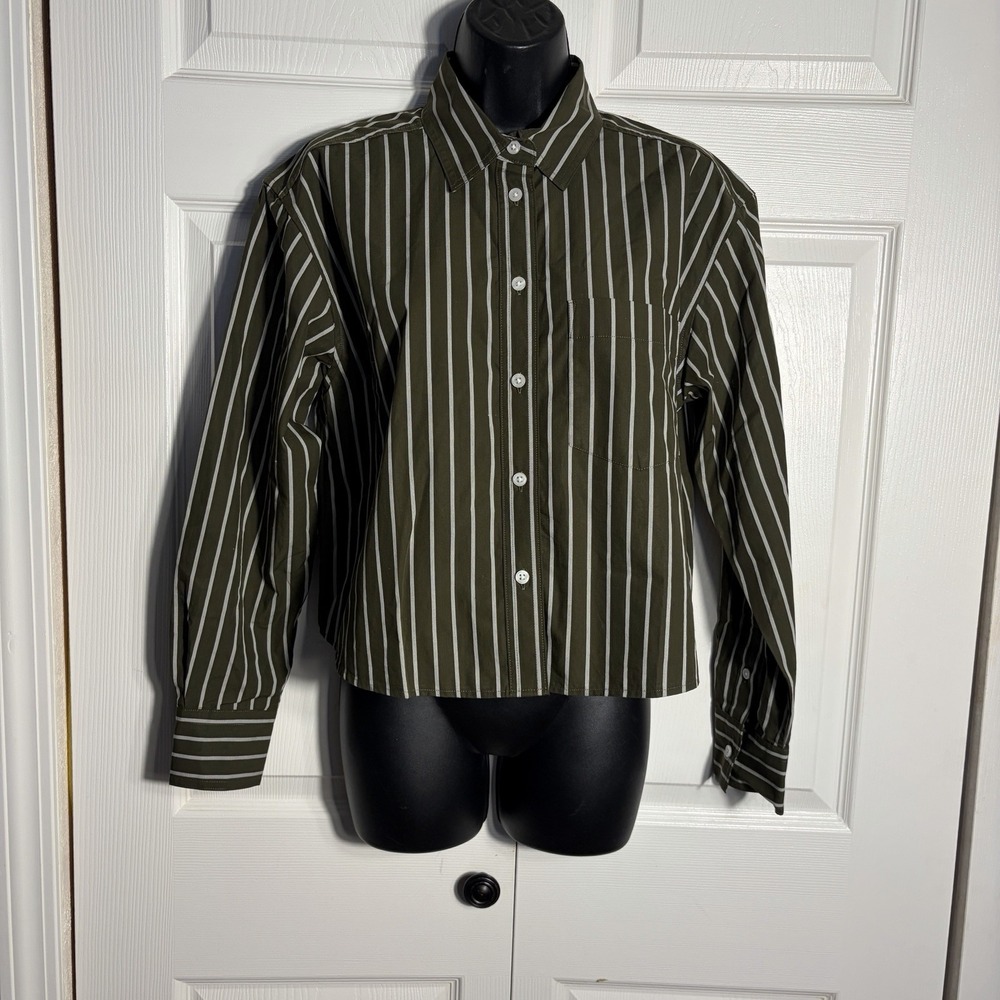 Banana Republic Cropped Poplin Shirt Women S Olive White Striped Button Up Top